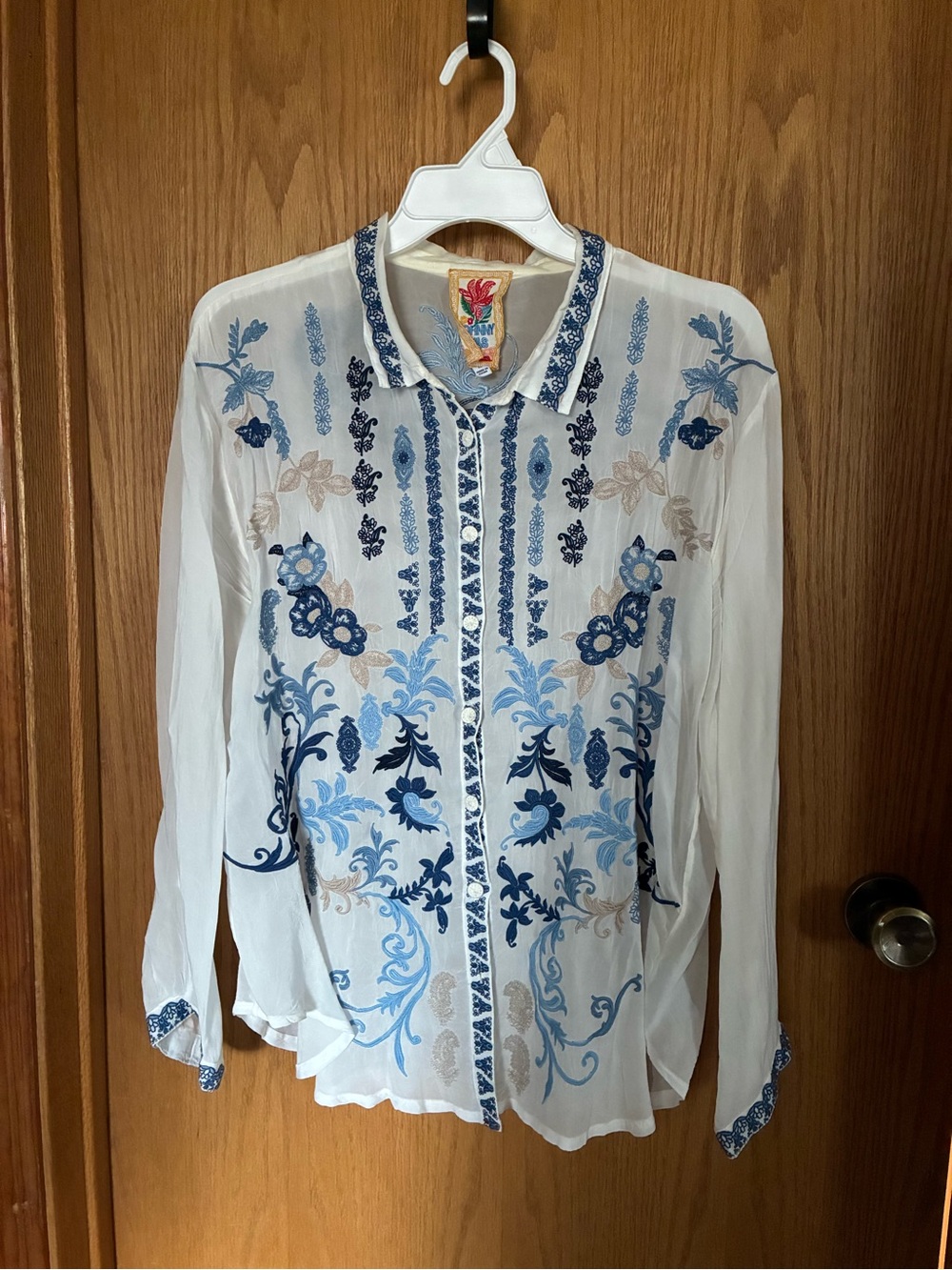 Johnny Was White Blouse with Blue Floral Embroidery
